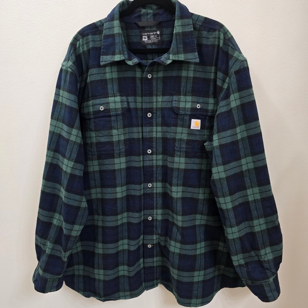 Carhartt Mens Loose Fit Thick Flannel Plaid Button Down Shirt Green Navy 2XL
